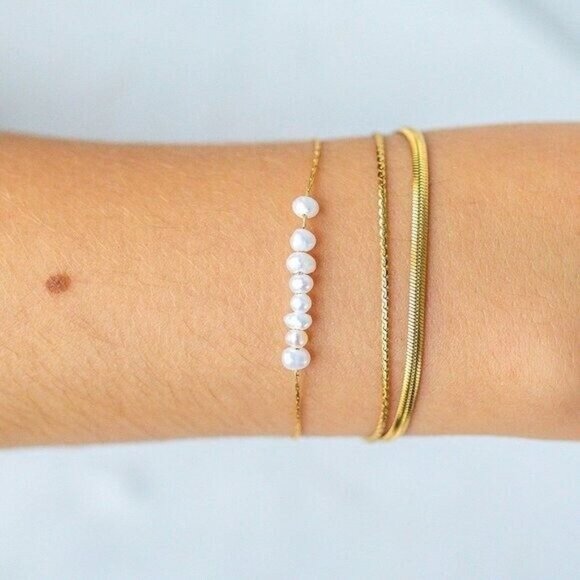 Dainty Pearl Bracelet Baroque Pearl Bracelet Gold Non-Tarnish Chain Bracelet - Picture 10 of 15